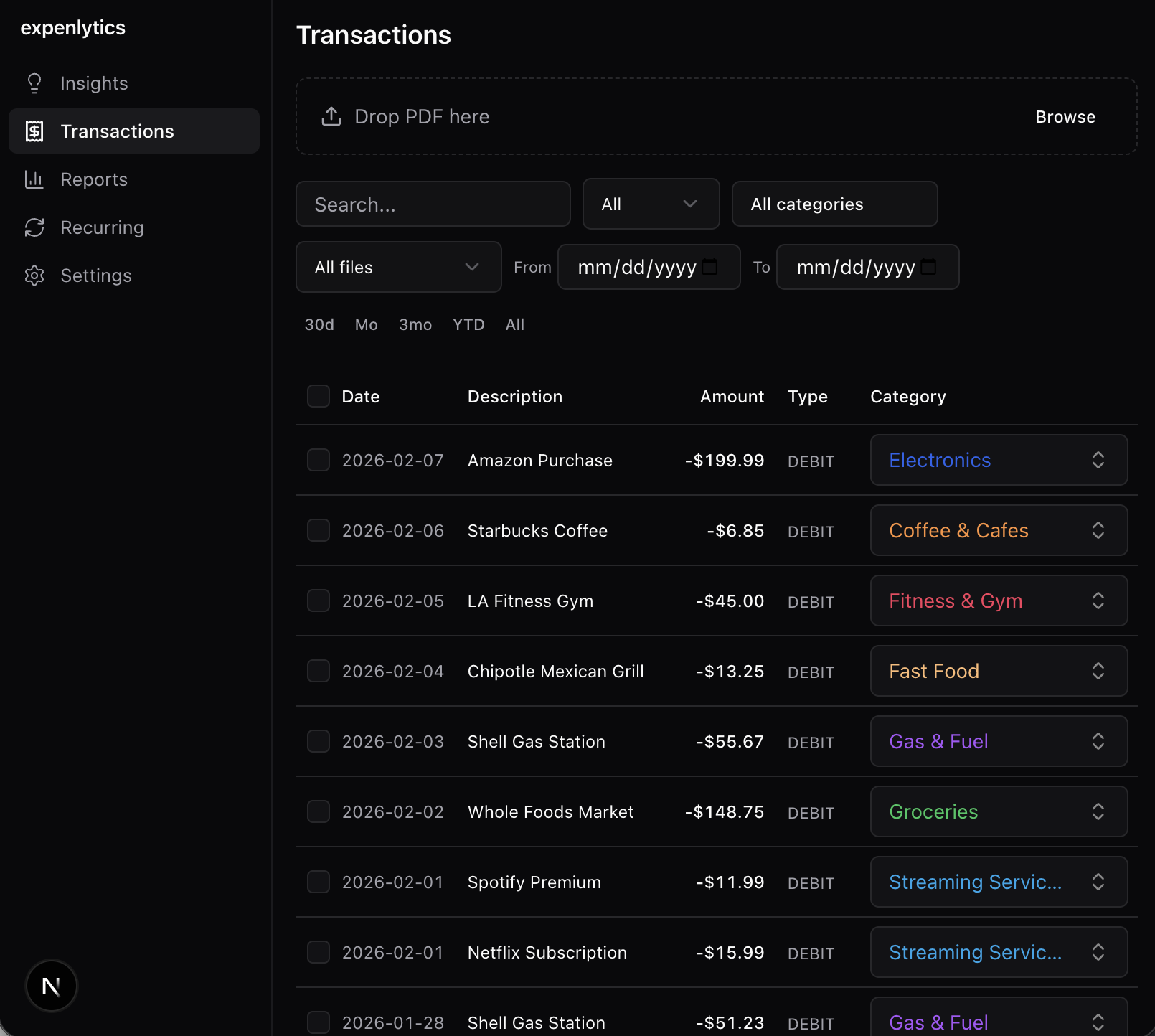 Transactions page with filters, search, and inline category editing